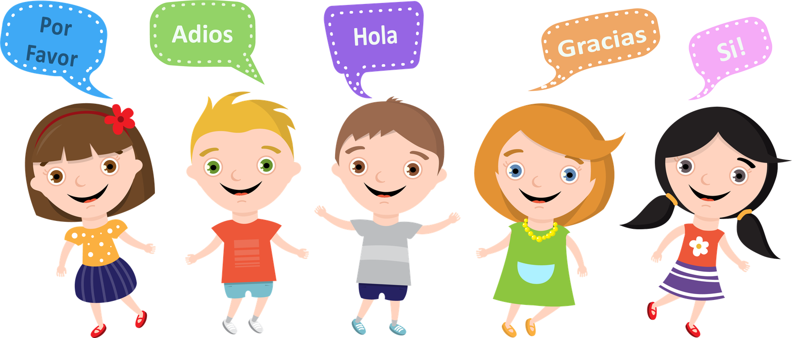 Five cartoon children with Spanish speech bubbles: Por Favor, Adios, Hola, Gracias, Si